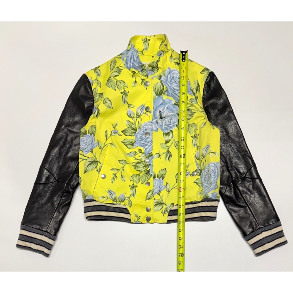 Rag & Bone Yellow Floral Lamb Leather Sleeve Varsity Bomber Jacket Size 4